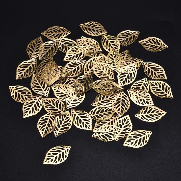 50 Pcs Hollow Leaf Metal Flower Pieces, Pendant Jewelry Making Leaf Connector DI - Picture 2 of 9